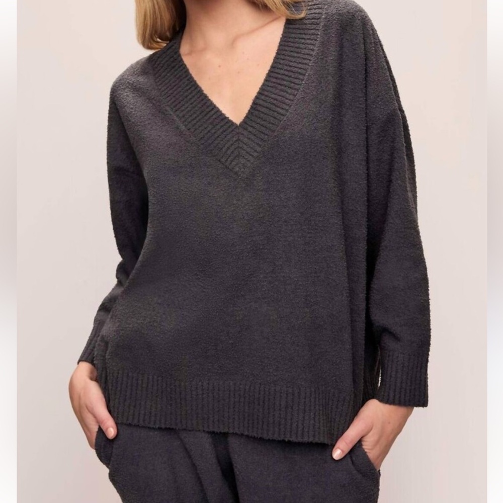 EBERJEY BOUCLE BOYFRIEND OVERSIZED V NECK SWEATER GRAPHITE GRAY SMALL